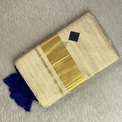 Mithunam Kerala Kasavu Saree with Golden Zari Lines Blue