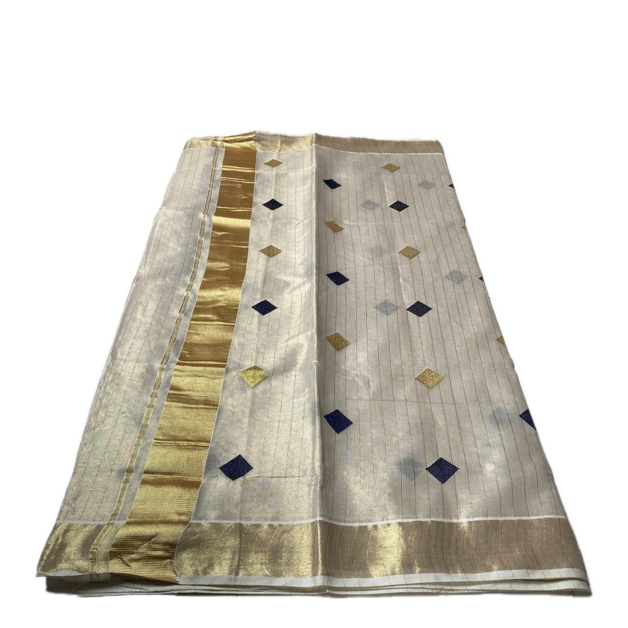 Mithunam Kerala Kasavu Saree with Golden Zari Lines Blue