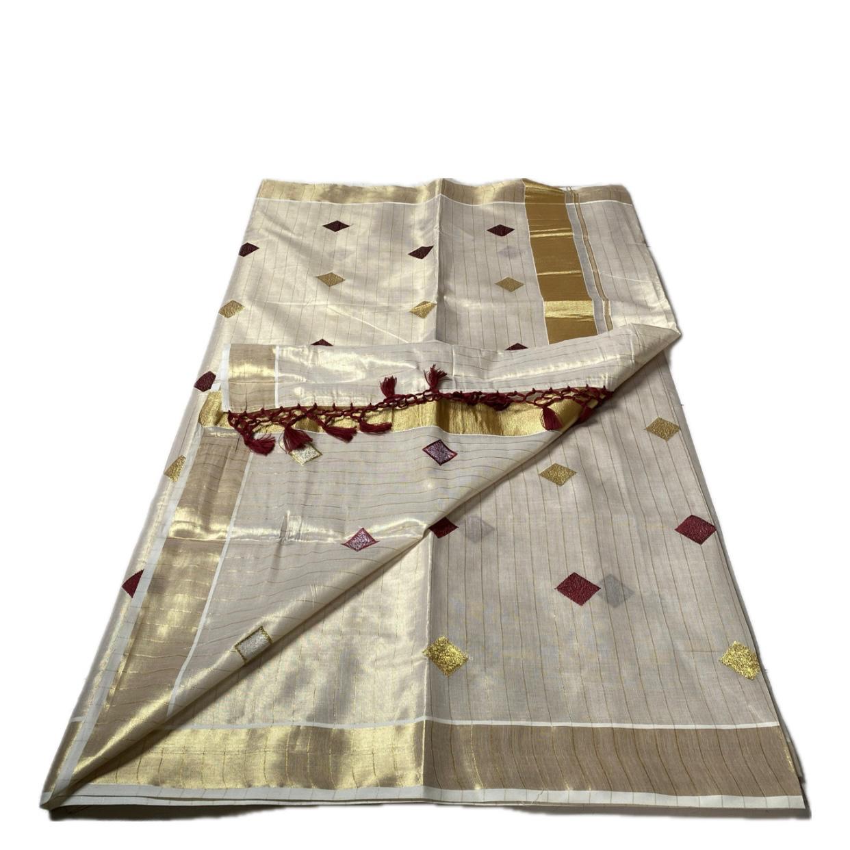 Mithunam Kerala Kasavu Saree with Golden Zari Lines Maroon