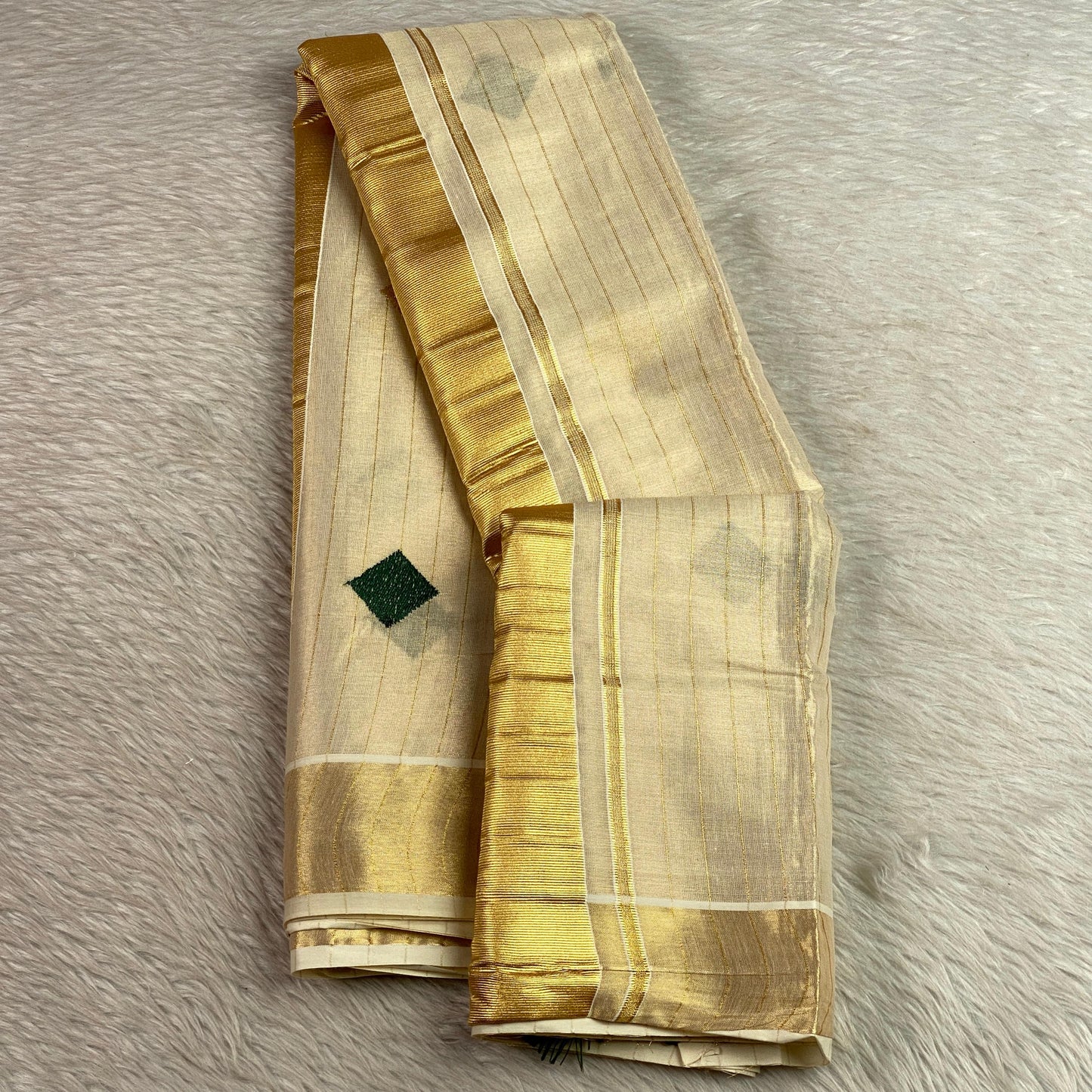 Mithunam Kerala Kasavu Saree with Golden Zari Lines Green