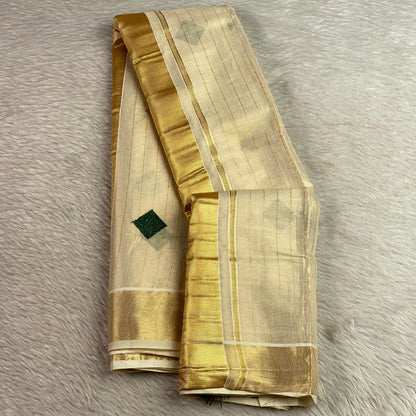 Mithunam Kerala Kasavu Saree with Golden Zari Lines Green