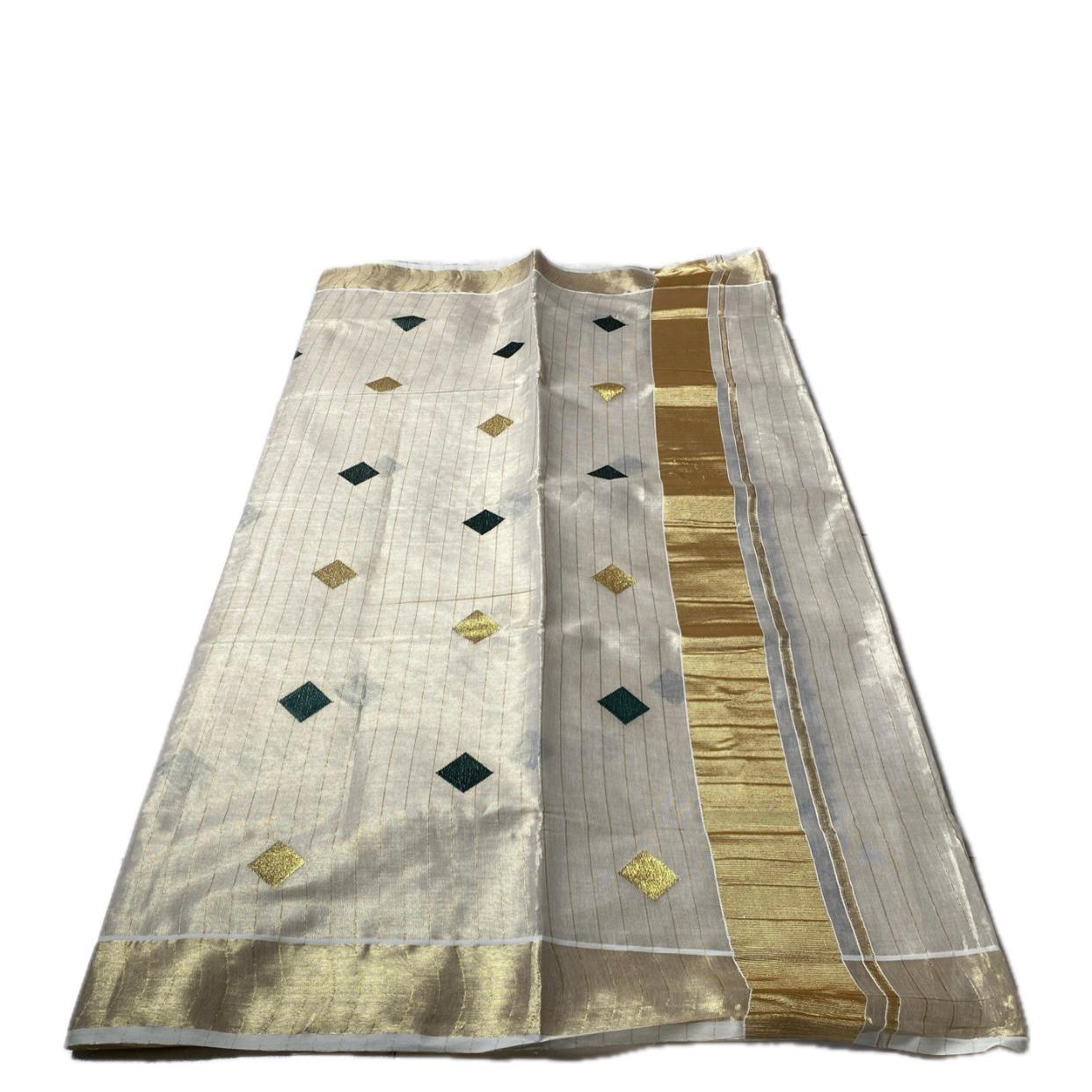 Mithunam Kerala Kasavu Saree with Golden Zari Lines Green