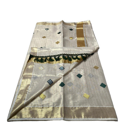Mithunam Kerala Kasavu Saree with Golden Zari Lines Green