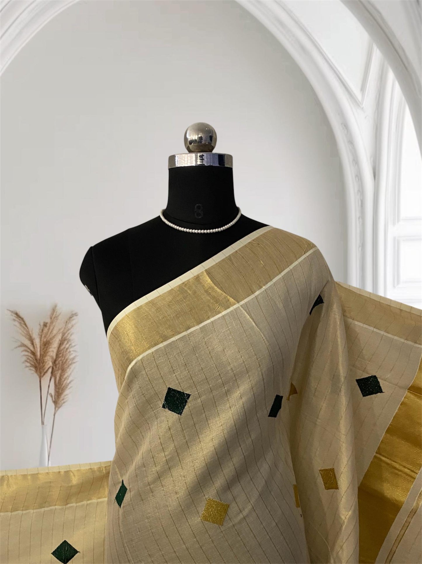Mithunam Kerala Kasavu Saree with Golden Zari Lines Green
