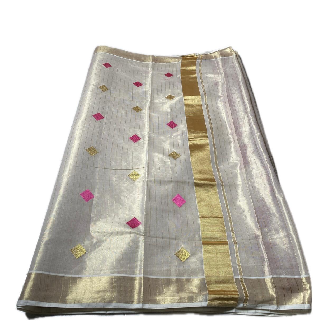 Mithunam Kerala Kasavu Saree with Golden Zari Lines Pink