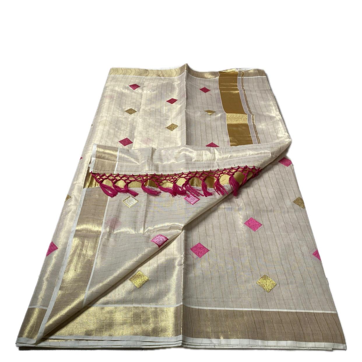 Mithunam Kerala Kasavu Saree with Golden Zari Lines Pink