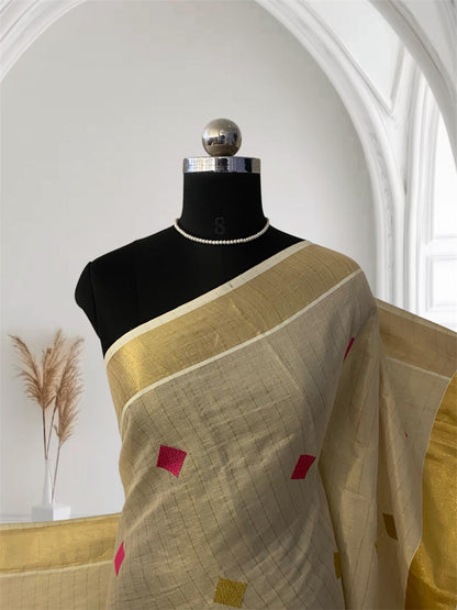 Mithunam Kerala Kasavu Saree with Golden Zari Lines Pink