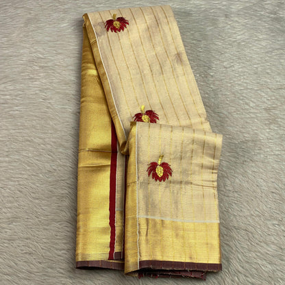 Medam Maroon  Floral Kasavu Tissue Saree