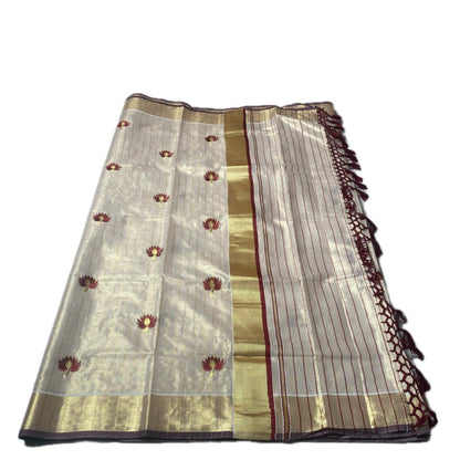 Medam Maroon  Floral Kasavu Tissue Saree