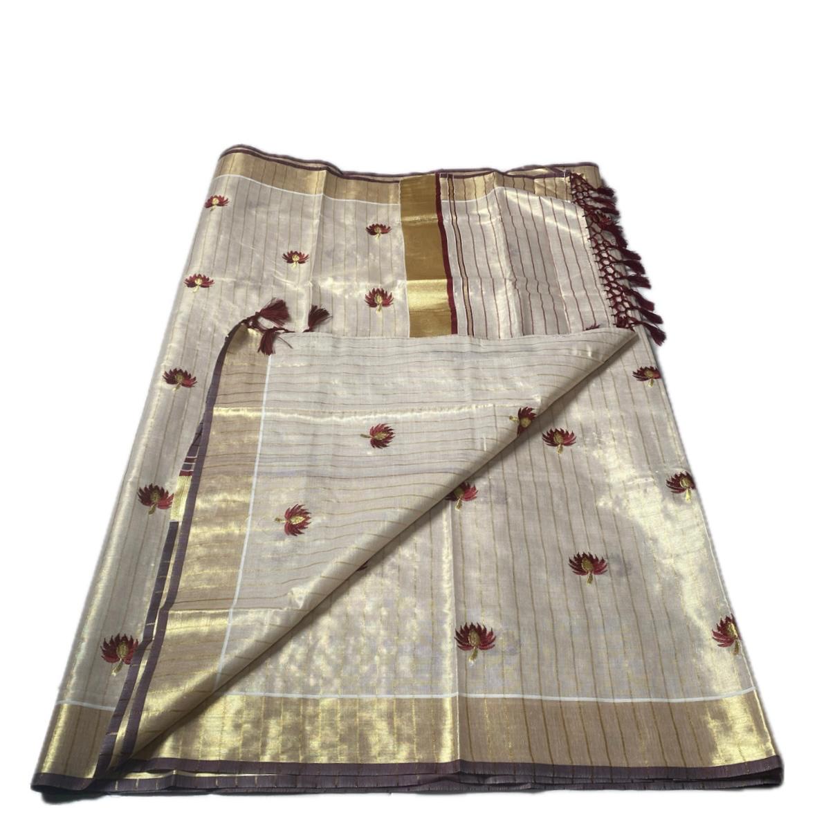 Medam Maroon  Floral Kasavu Tissue Saree