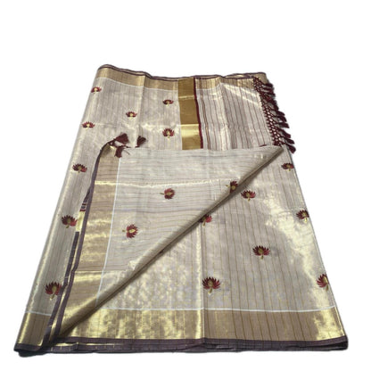 Medam Maroon  Floral Kasavu Tissue Saree
