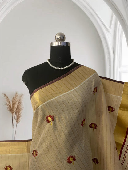 Medam Maroon  Floral Kasavu Tissue Saree