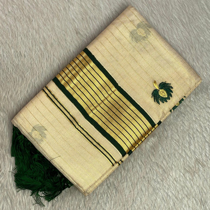 Medam Dark Green  Floral Kasavu Tissue Saree