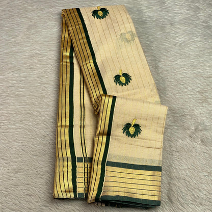 Medam Dark Green  Floral Kasavu Tissue Saree
