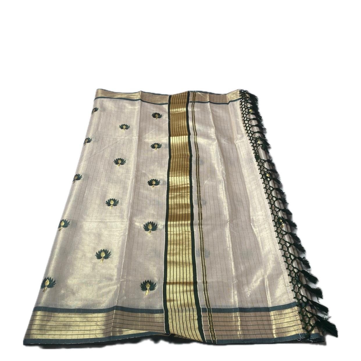 Medam Dark Green  Floral Kasavu Tissue Saree