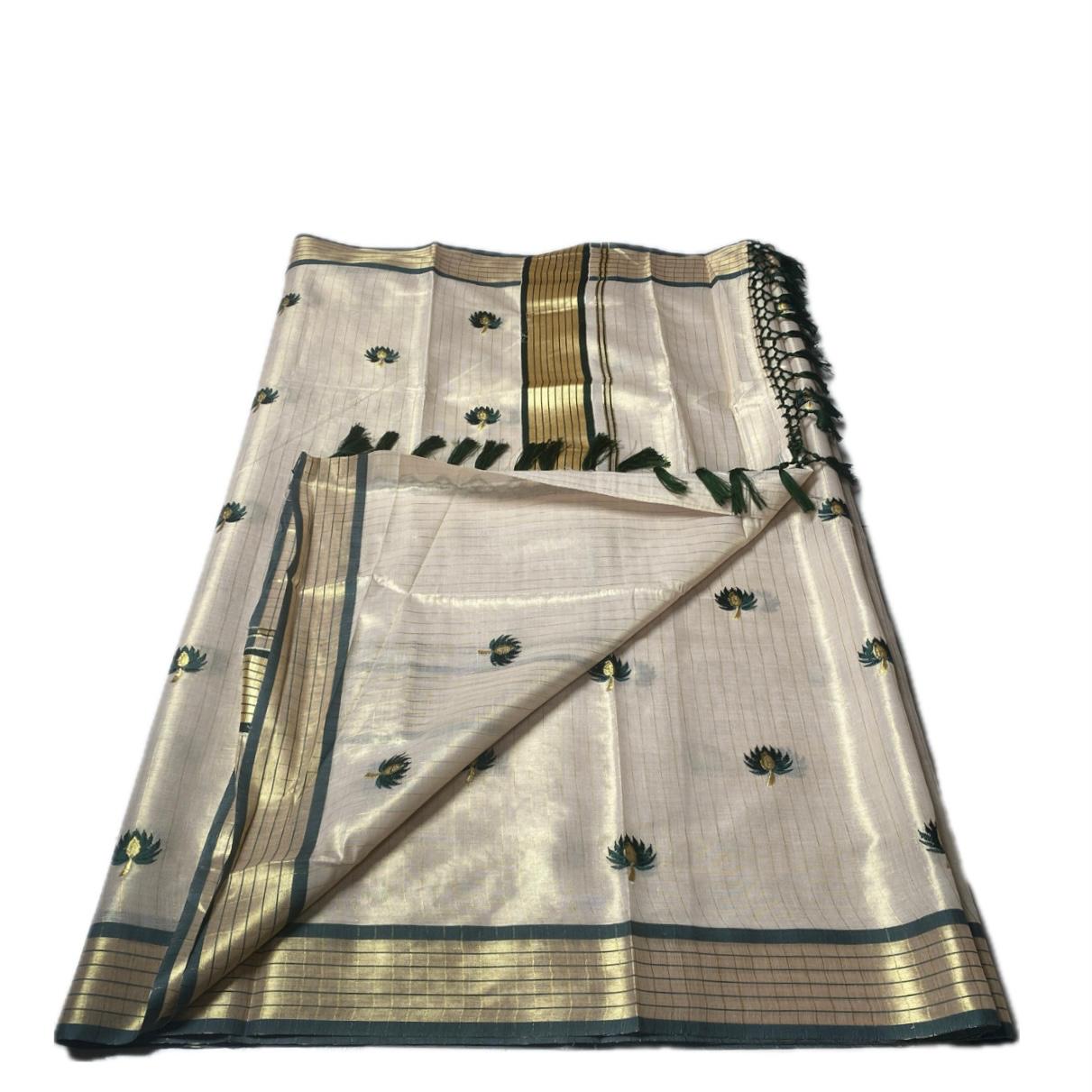Medam Dark Green  Floral Kasavu Tissue Saree