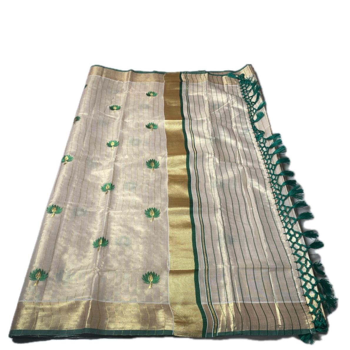 Medam Green  Floral Kasavu Tissue Saree