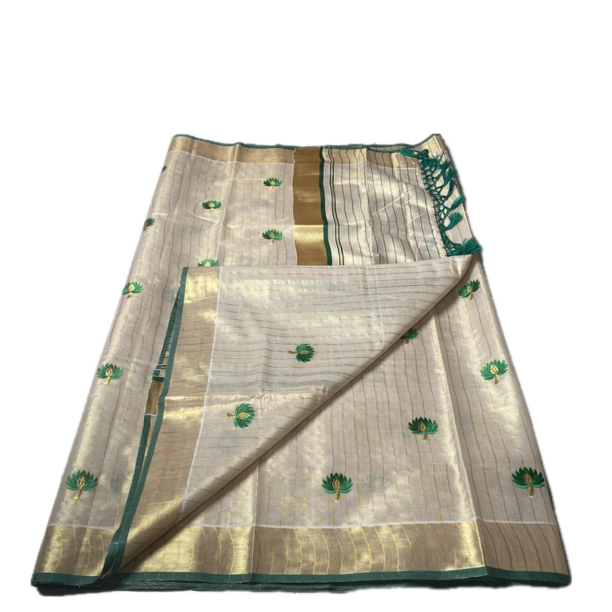 Medam Green  Floral Kasavu Tissue Saree