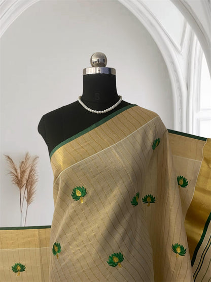 Medam Green  Floral Kasavu Tissue Saree