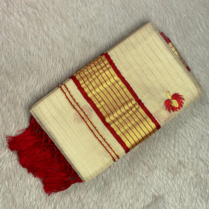 Medam Red  Floral Kasavu Tissue Saree