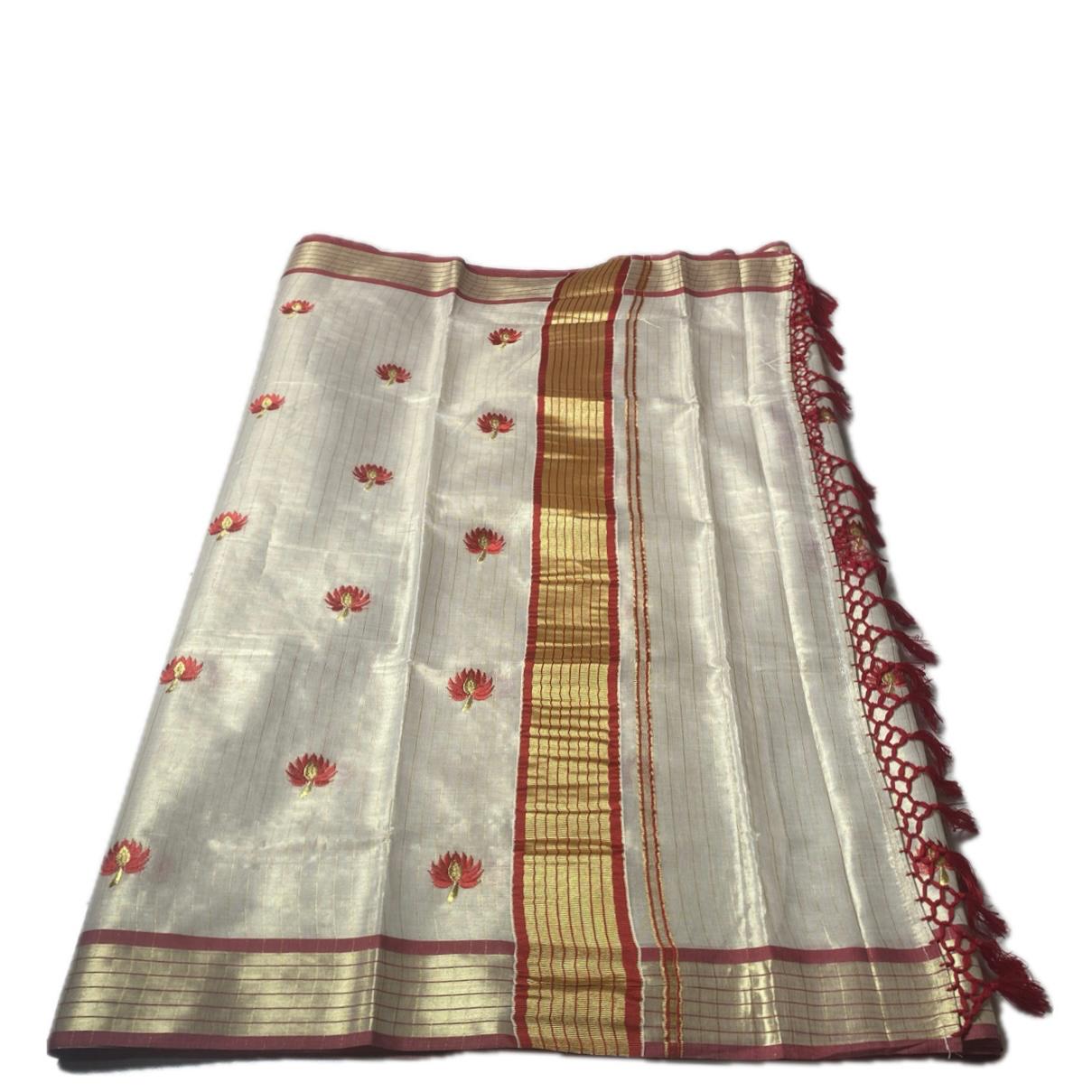 Medam Red  Floral Kasavu Tissue Saree