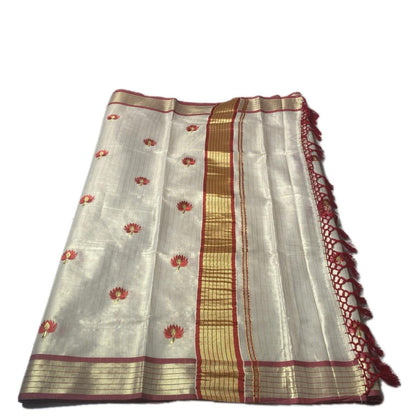 Medam Red  Floral Kasavu Tissue Saree