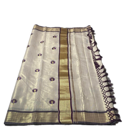 Medam Purple  Floral Kasavu Tissue Saree