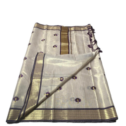 Medam Purple  Floral Kasavu Tissue Saree