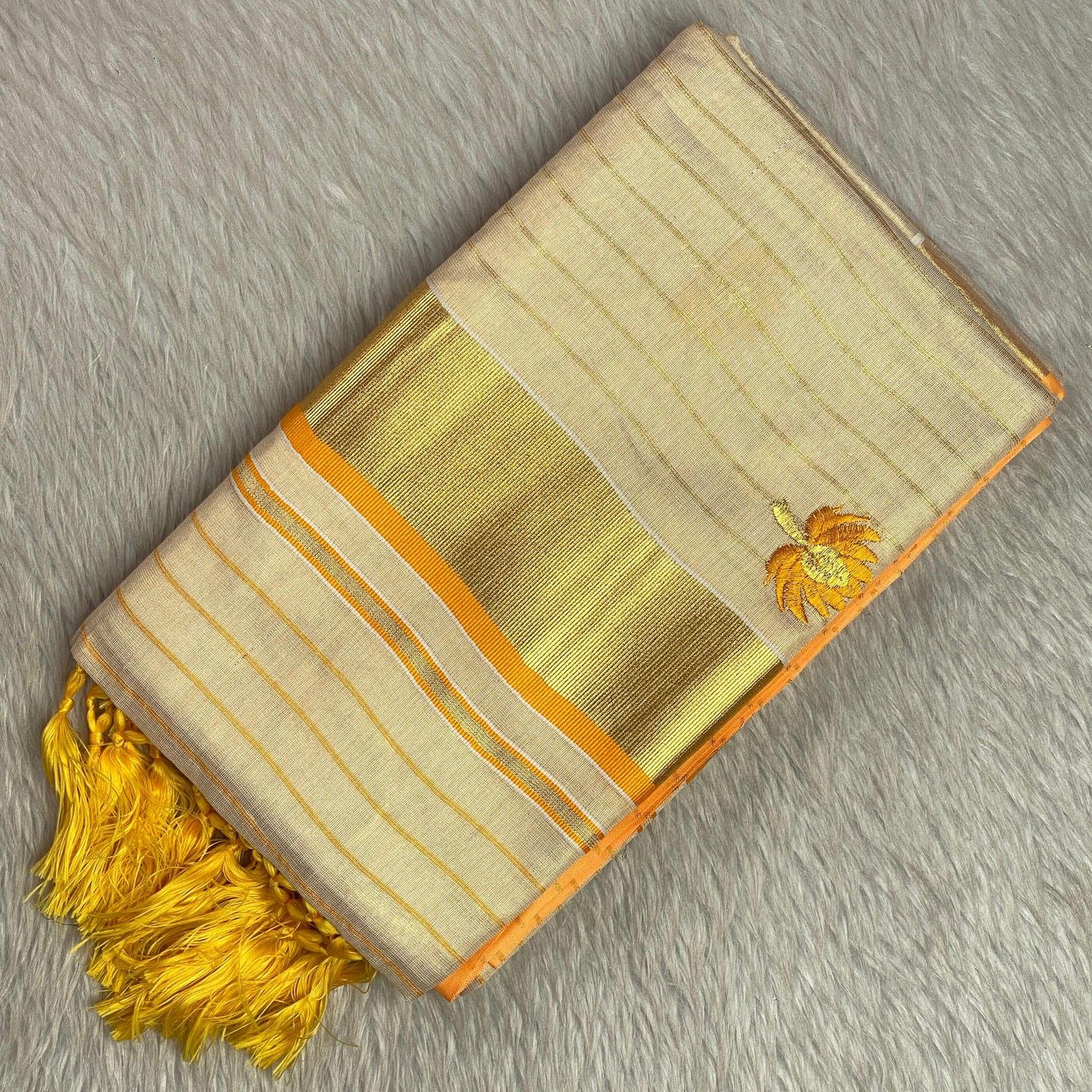 Medam Yellow  Floral Kasavu Tissue Saree