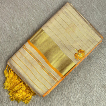 Medam Yellow  Floral Kasavu Tissue Saree