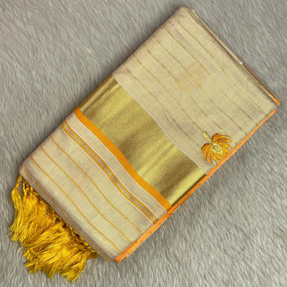 Medam Yellow  Floral Kasavu Tissue Saree