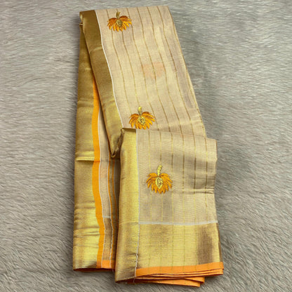 Medam Yellow  Floral Kasavu Tissue Saree