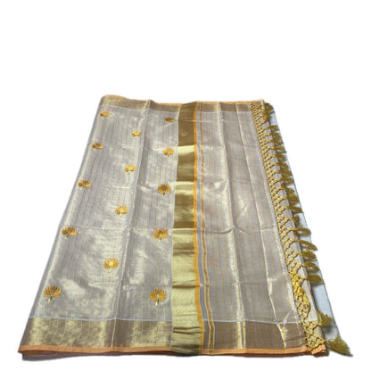 Medam Yellow  Floral Kasavu Tissue Saree