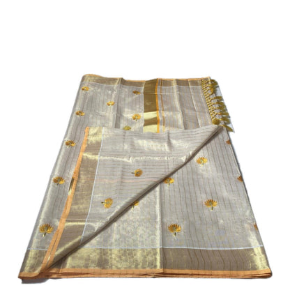 Medam Yellow  Floral Kasavu Tissue Saree