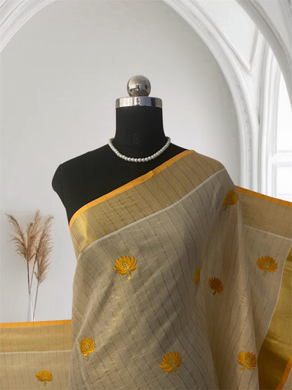 Medam Yellow  Floral Kasavu Tissue Saree