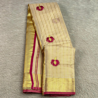 Medam Pink Floral Kasavu Tissue Saree