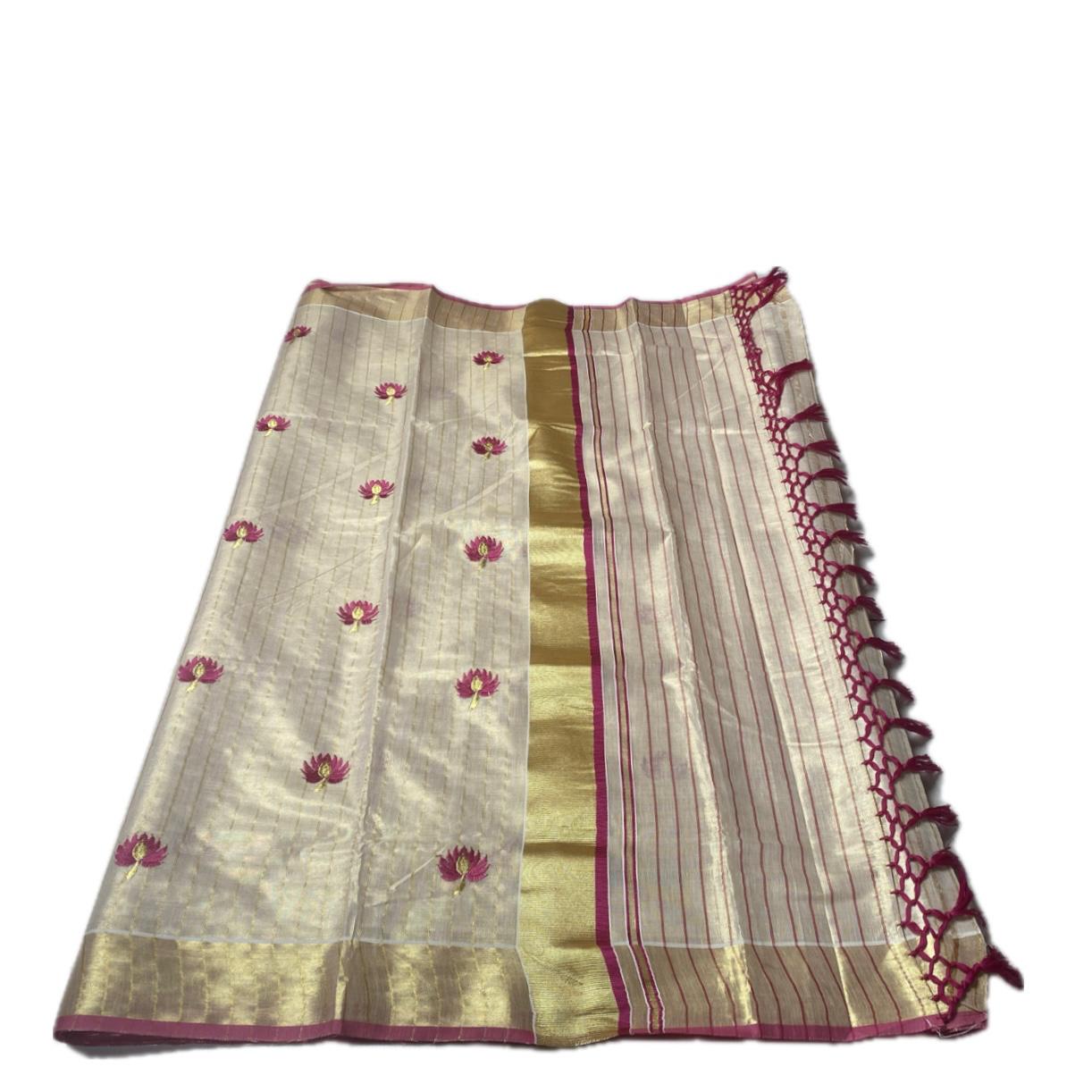 Medam Pink Floral Kasavu Tissue Saree