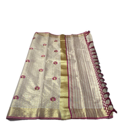 Medam Pink Floral Kasavu Tissue Saree