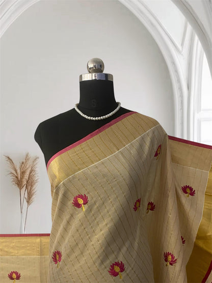 Medam Pink Floral Kasavu Tissue Saree