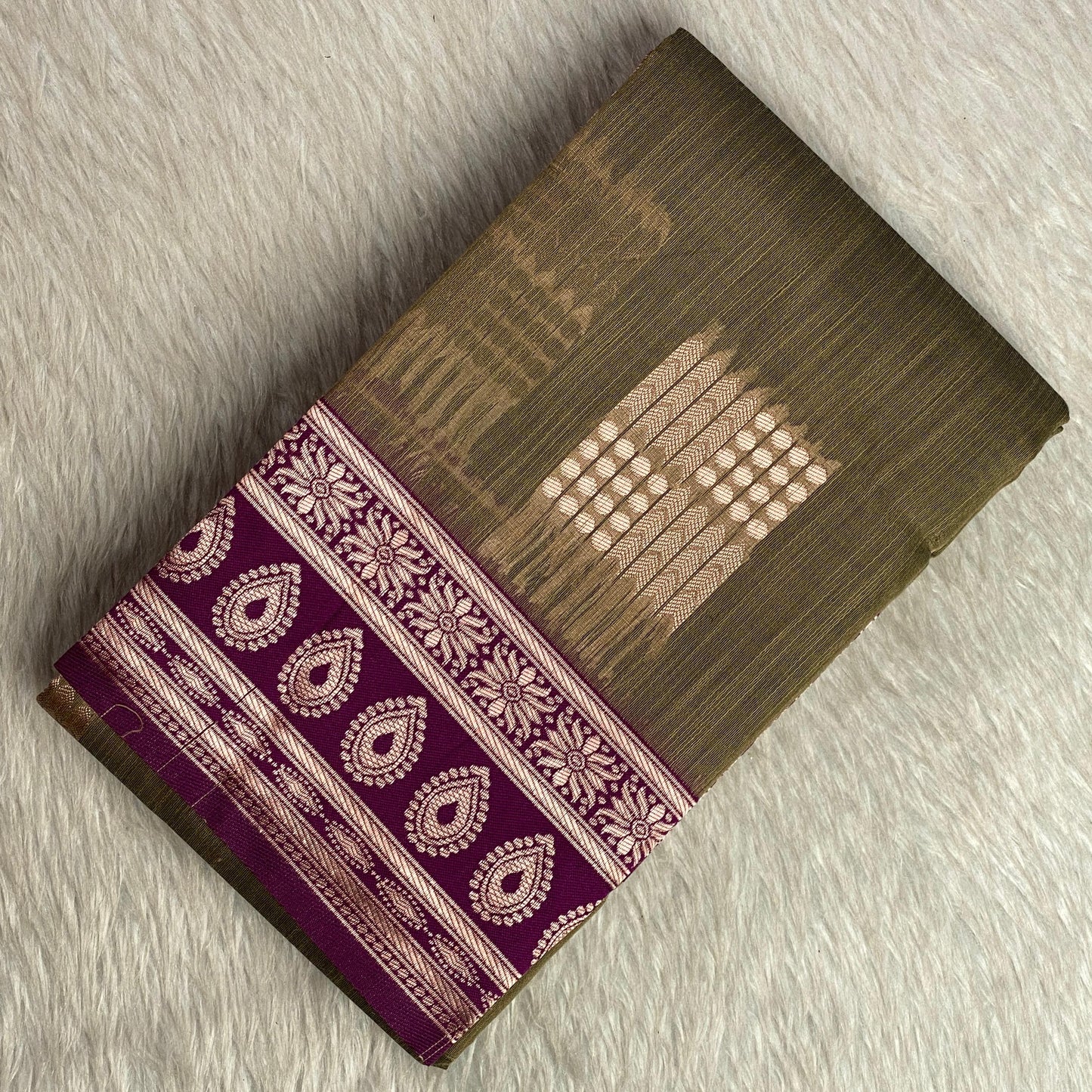 Shivakami Royal Olive & Wine Chanderi Cotton Silk Saree with Rich Silk Pallu