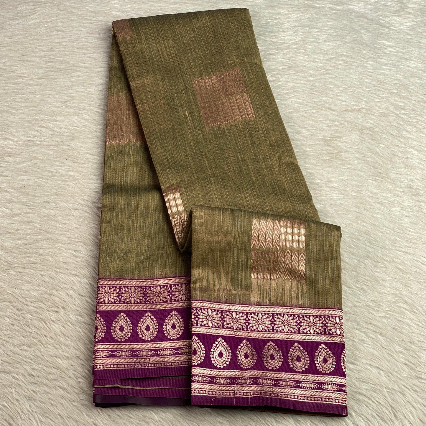 Shivakami Royal Olive & Wine Chanderi Cotton Silk Saree with Rich Silk Pallu
