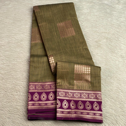 Shivakami Royal Olive & Wine Chanderi Cotton Silk Saree with Rich Silk Pallu