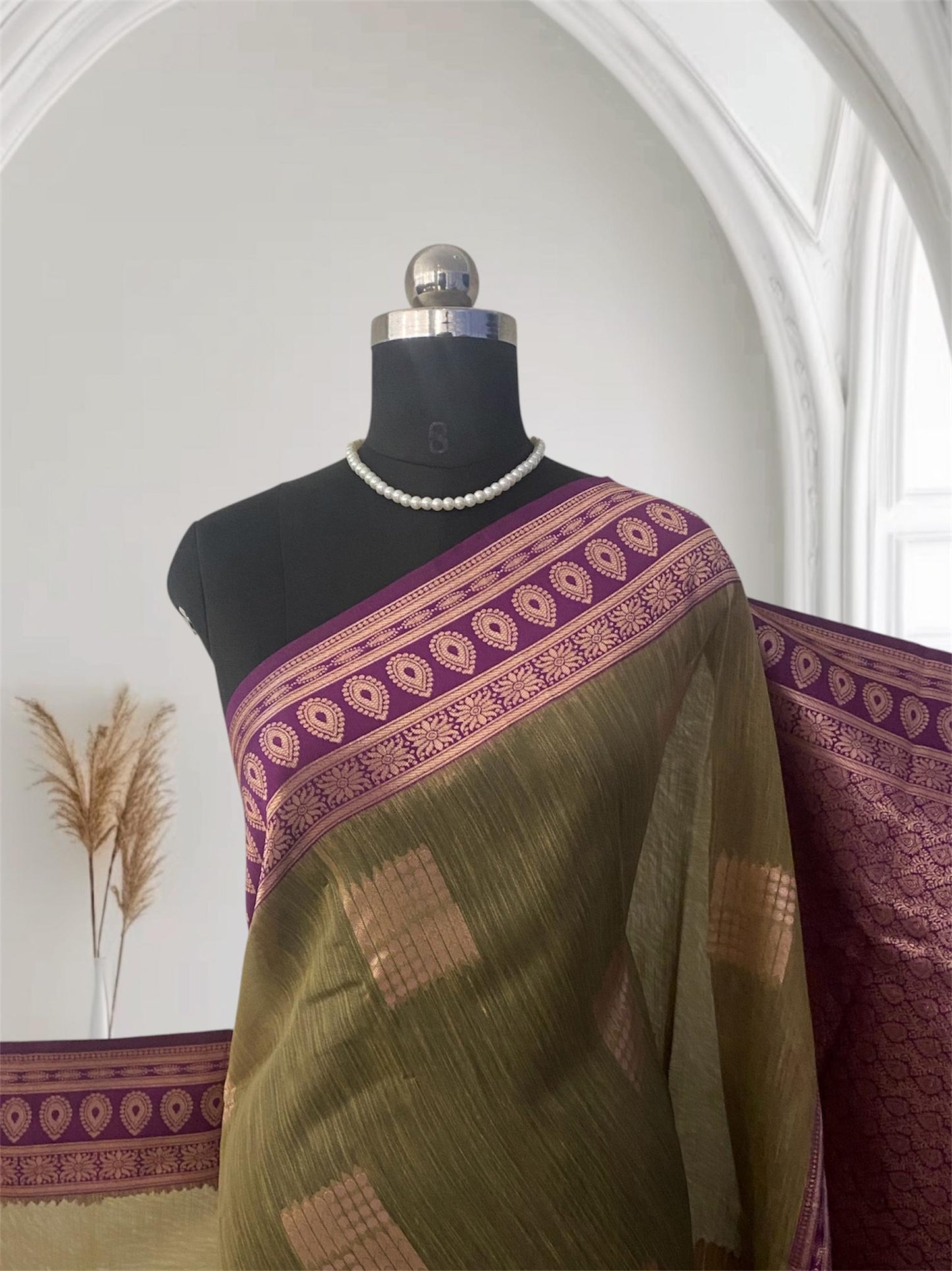 Shivakami Royal Olive & Wine Chanderi Cotton Silk Saree with Rich Silk Pallu