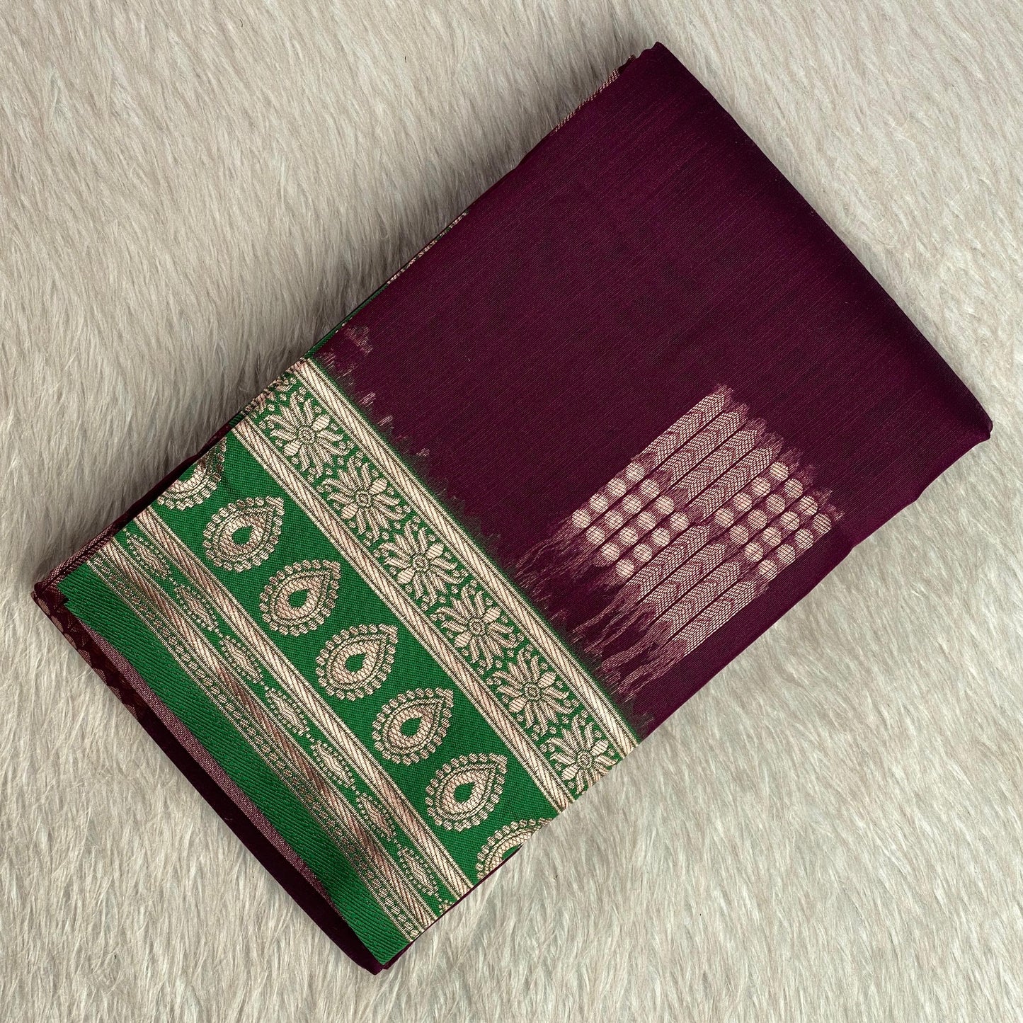 Shivakami Royal Purple & Green Chanderi Cotton Silk Saree with Rich Silk Pallu
