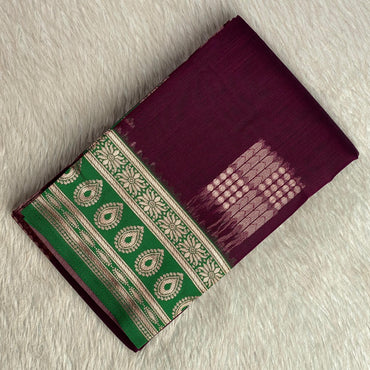 Shivakami Royal Purple & Green Chanderi Cotton Silk Saree with Rich Silk Pallu