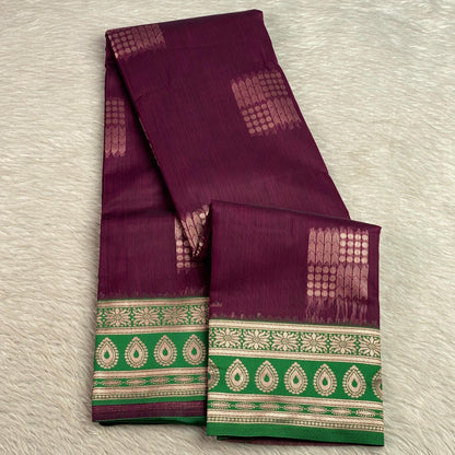 Shivakami Royal Purple & Green Chanderi Cotton Silk Saree with Rich Silk Pallu