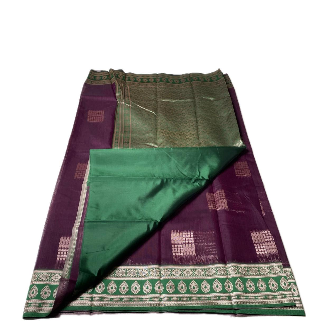 Shivakami Royal Purple & Green Chanderi Cotton Silk Saree with Rich Silk Pallu