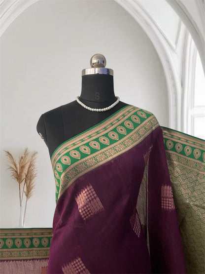 Shivakami Royal Purple & Green Chanderi Cotton Silk Saree with Rich Silk Pallu