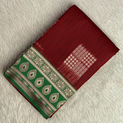 Shivakami Maroon & Green Chanderi Cotton Silk Saree with Rich Silk Pallu