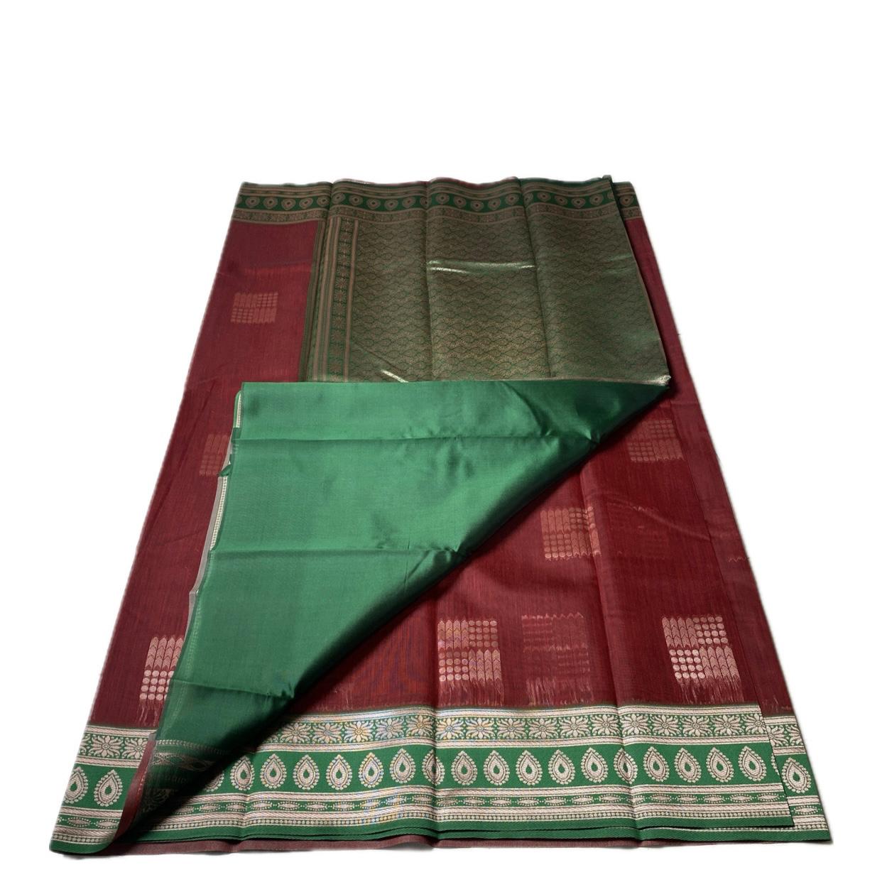 Shivakami Maroon & Green Chanderi Cotton Silk Saree with Rich Silk Pallu